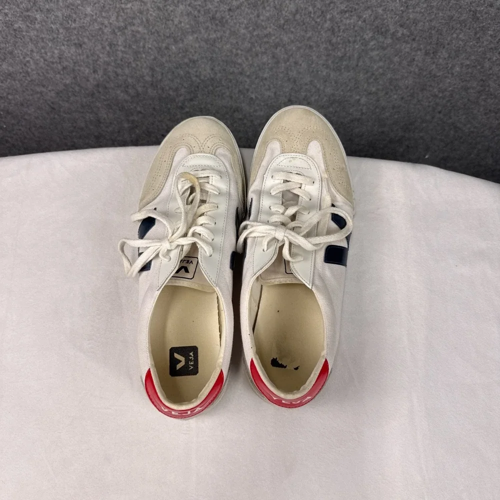 Veja Volley Sneakers Mens 12 White Canvas Navy Blue Logo Red Heel Low Top